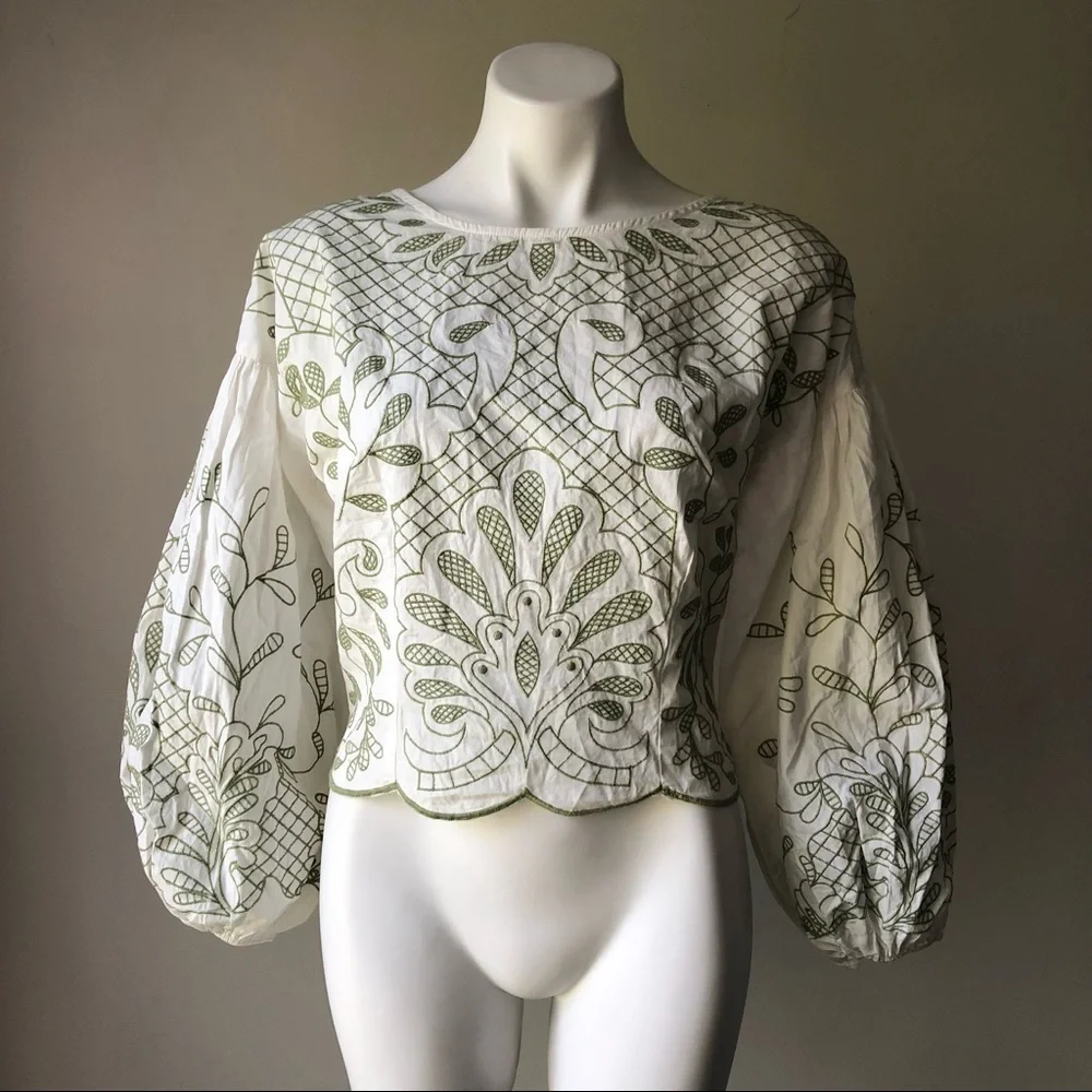 Anthropologie Puff-Sleeve Embroidered Blouse, M NWT